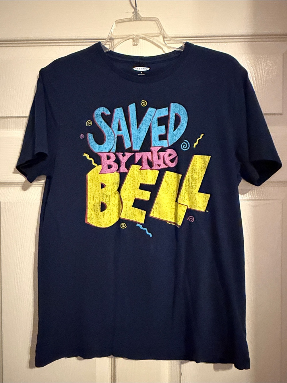 Old Navy Navy Graphic Tee with Blue, Pink & Yellow Print